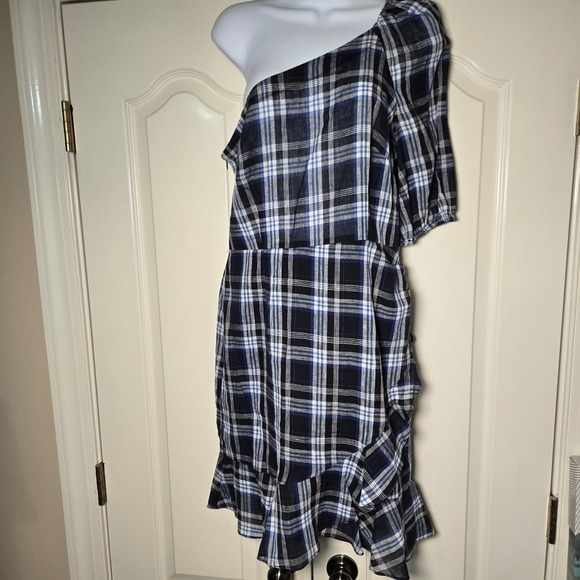 Donna Morgan Dresses & Skirts - Donna Morgan One Shoulder Plaid Linen Blend Ruffle Dress Blue Tan Womens 10 NEW